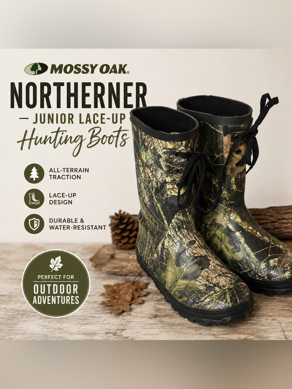 Mossy Oak Northerner Junior Camo Lace-Up Hunting Rain Boots Size 4